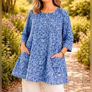 ▪️Gudrun Sjoden Blue Floral Tunic Top Button Front Pockets Organic Cotton